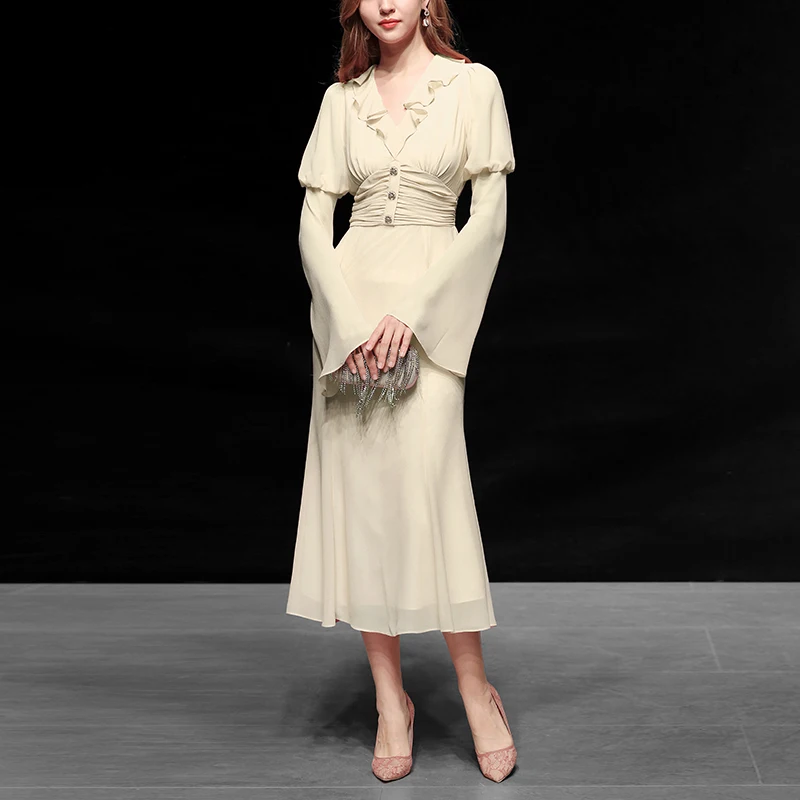 

2020 Spring Customized Design Dresses Flare Sleeved Mermaid Elegant Mid High Quality Dresses for Women