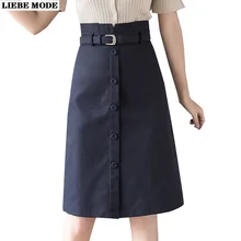 

Women Office Work Wear Single Breasted Knee Length Skirts Womens Korean Style High Waist A-line Midi Skirt Straight Mujer Faldas