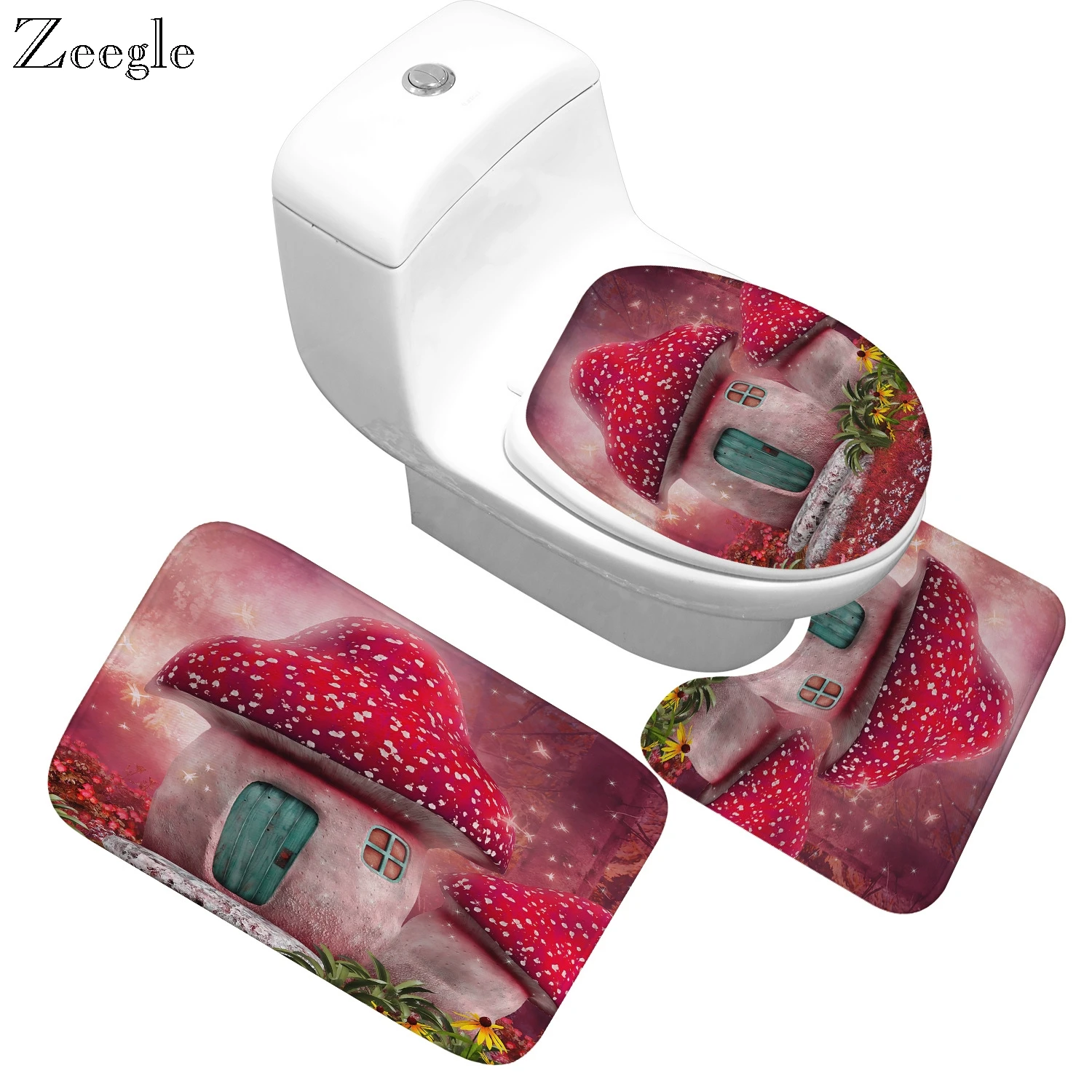 Zeegle 3pcs Toilet Seat Cover Bath Mat Washable Non-Slip Bathroom Rug Bath Mat Set Soft Flannel Floor Mats for Bathroom
