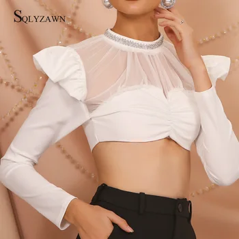 

Women Elegant Party Rhinestone Collar Top Blusa Shirt Female Sexy Mesh Patchwork Crop Top Butterfly Sleeve Office Lady T-Shirts