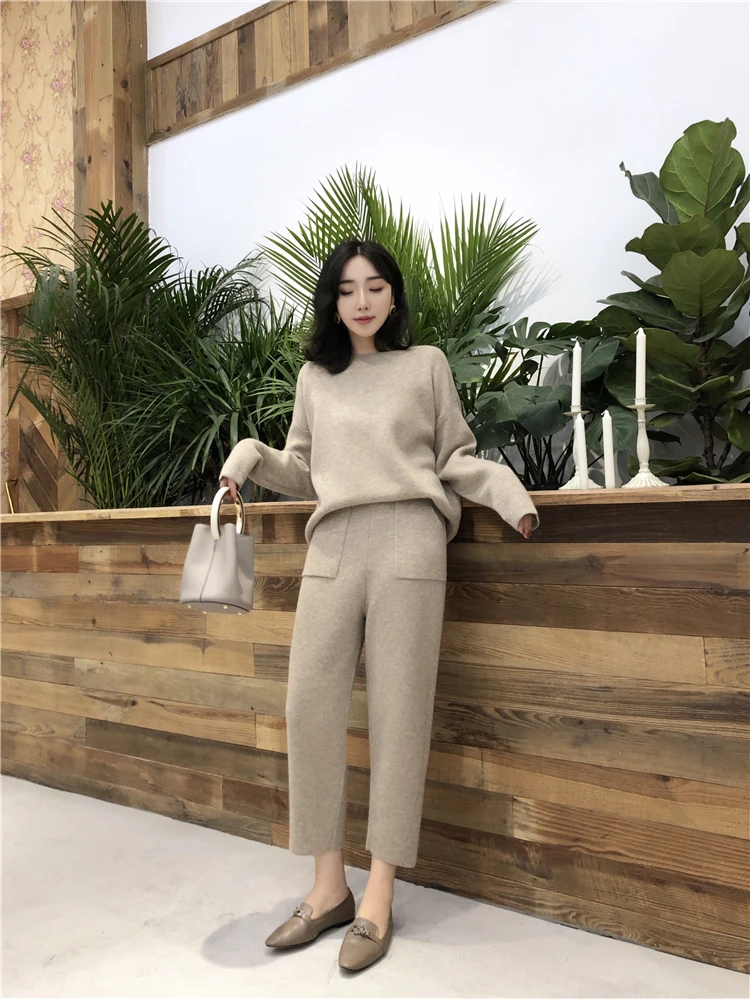 Autumn Winter Knitted Sweatshirts Tracksuit Women Cashmere Clothing 2 Piece Set Thick Warm O-neck Sweater+Ankle-Length Pant Suit