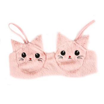 

Women Sexy furry Sling Bras Fashion Cartoon Cute cat embroidered corset Pink Faux Fur Bras