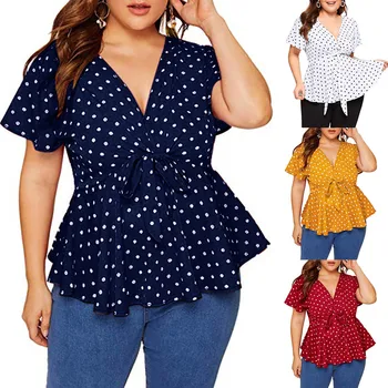 

Blouse Women Shirt Women Tops блузка женская Plus Size V Neck Short Sleeve Shirt Top Polka Dot Print Knot Front Blouse Free Ship