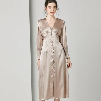

Party Dress 2020 Women Silk Dress Long Sleeve High Waist Deep V neck Spring Summer Solid Single Breasted Dresses high quality