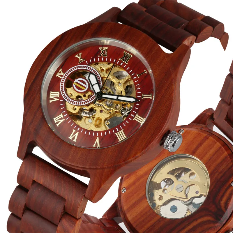 100% Handmade Wooden Watch Men's Bamboo Wristwatch Automatic Mechanical Skeleton Watches Roman Numeral Timepiece Wooden Strap windproof 32 bone business umbrella for men fully automatic wooden handle large folding waterproof sunshade luxury umbrellas