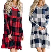 Vestidos ropa mujer, зимние женские клетчатые осенние повседневные свободные винтажные Лоскутные рождественские платья с длинным рукавом, женские вечерние платья
