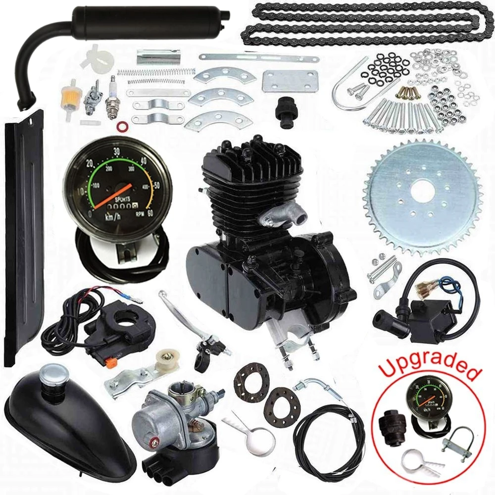 Upgraded 80cc 2 Stroke Motorized Bicycle Gas Engine Motor Kit with Speedometer Black Low Noise Low Vibration Heavy Metal