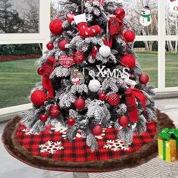 

120cm Snowflake Pattern Christmas Tree Skirt Red Black Plaid Cloth Artificial Wool Edge Xmas Tree Skirt Apron Carpet Decoration