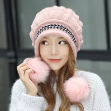 Sparsil женская зимняя теплая вязаная шапка три мяча Толстая жаккардовая Осенняя ветрозащитная шерстяная шапка плюс бархатные наушники милые шапочки