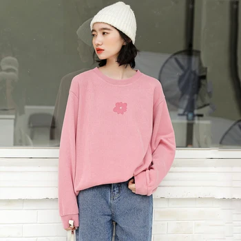 

2019 New Autumn Hoodies Women Cute Flower Print Hoodie Loose Round Neck Sweatshirt Harajuku Small Flower Hoodies Female Pullover