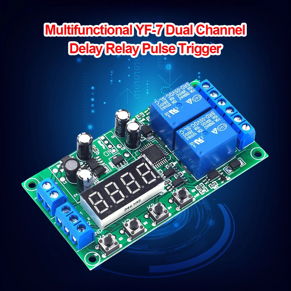 Yf-7 Multifunctional Dual Channel Delay Relay Module Board Pulse Trigger Cycle Timer 0.01s-999m Delay Time Adjustable 7-30v Dc 4