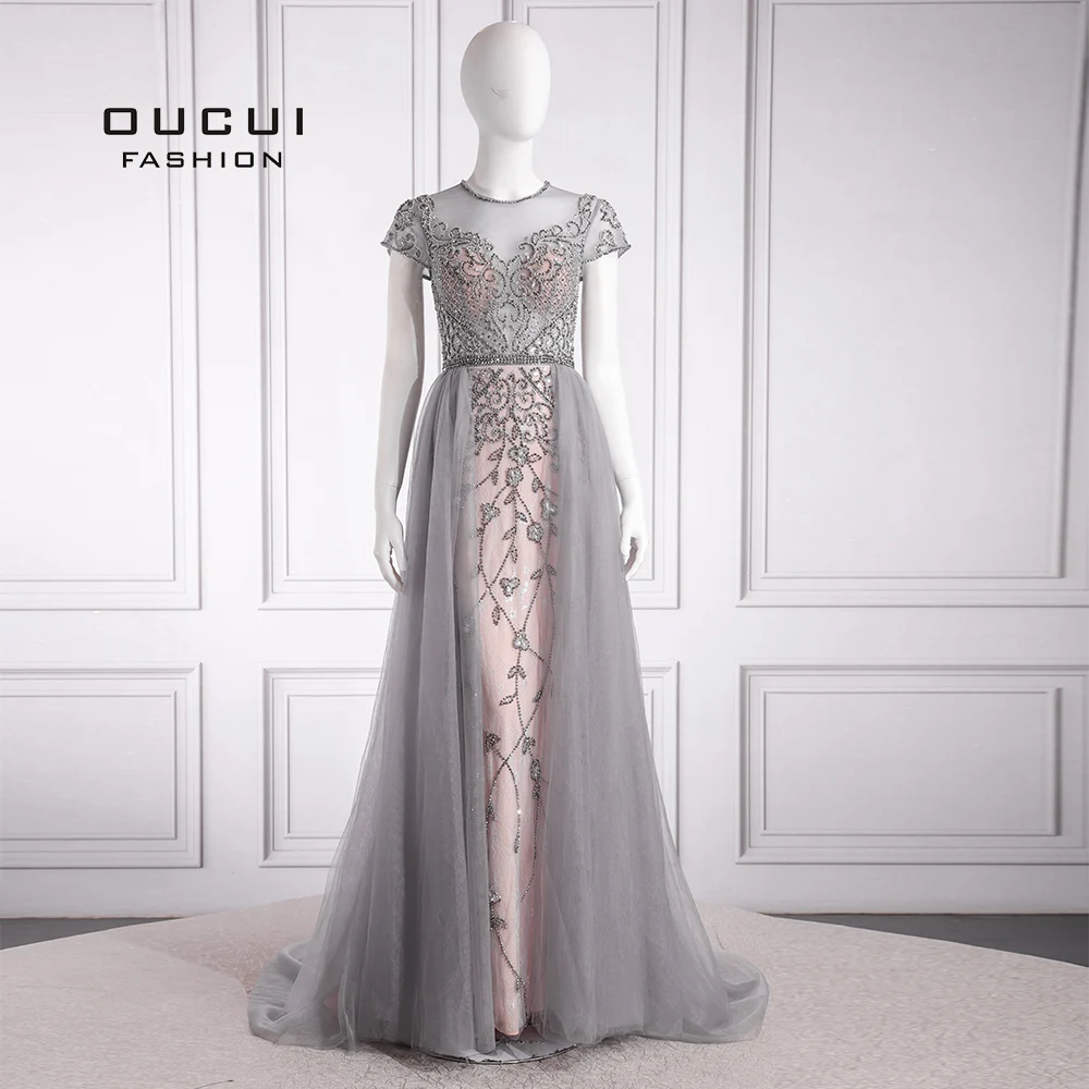 Женское вечернее платье с рукавом-крылышком,, длинное, блестящие стразы, вечернее, вечернее платье, кутюр, серое, Robe De Soiree OL103678