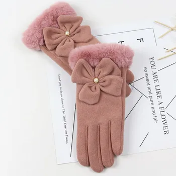 

New women's gloves bow decoration winter non-slip elastic cuffs soft lining gloves 9.6