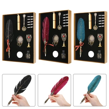 

1 Set Retro Red/Green/Black Feather Dip Pen Dipped in Water Quill Pen with Gift Box Stationery Gifts For Birthday Party