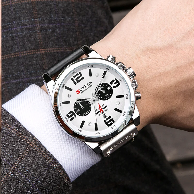 CURREN-reloj analógico con correa de cuero para hombre, accesorio de pulsera de cuarzo resistente al agua con calendario, complemento masculino deportivo de marca de lujo con diseño militar y estilo informal, 8314 - Imagen 6