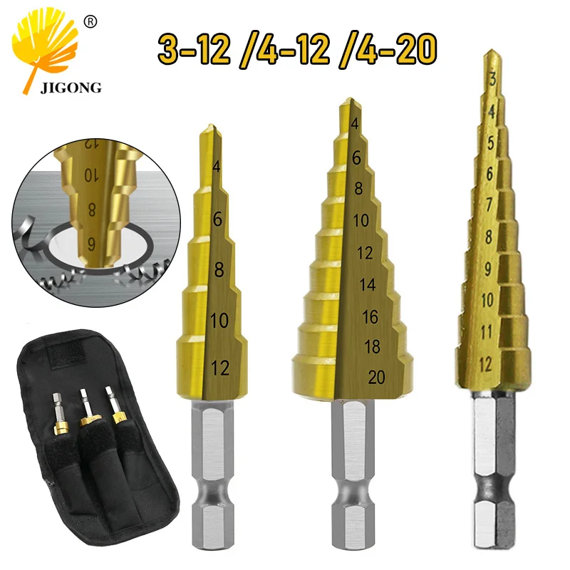 

3 PCS HSS Step Drill Bit Straight Groove Titanium Coated Wood Metal Hole Cutter 4241 3-12mm 4-12mm 4-20mmCore Drilling Tools Set