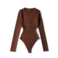 Summer one piece outfits for women sexy deep v neck bodysuit women bodycon bodysuit long sleeve button up bodysuit knitted - Image 5