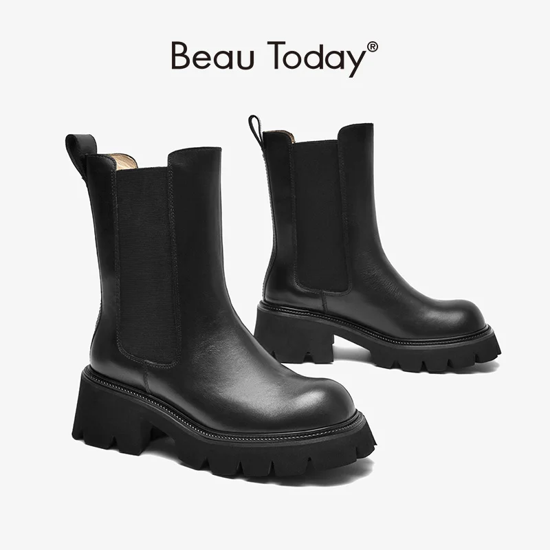 BeauToday 첼시 발목 부츠 플랫폼 여성 송아지 가죽 가죽 라운드 발가락 탄성 밴드 두꺼운 단독 숙녀 신발 수제 02396
