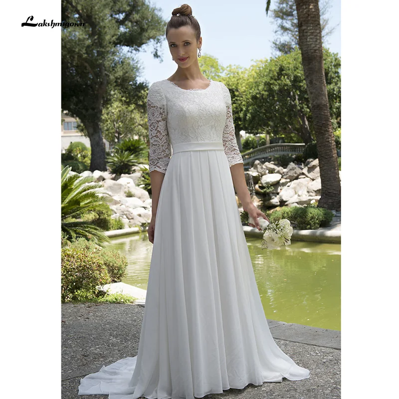 

Lace Chiffon Modest Beach Wedding Dresses With 3/4 Sleeves Scoop Neck Reception Bridal Gowns Mature Bride Elegant New