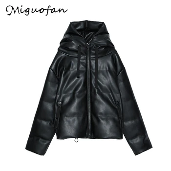 

Miguofan Women PU leather Coats Hooded Parkas Faux Leather Coats Winter Warm Black PU Elegant Zipper outwear Jackets Female