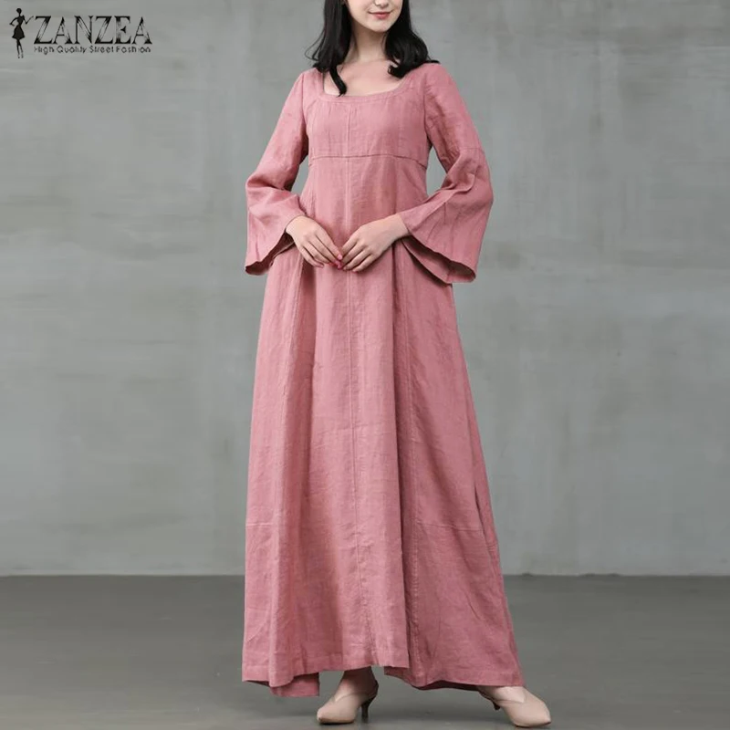 Retro Square Neck Maxi Dress Womens Autumn Sundress ZANZEA 2020 Casual Flare Sleeve Vestidos Female Solid Robe Oversized 5XL