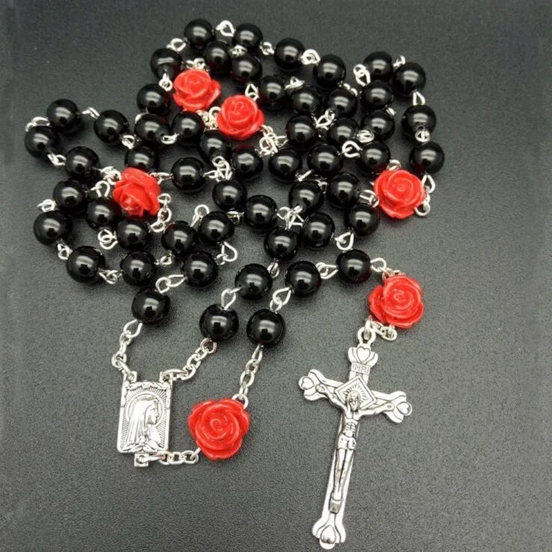 Fashion Exquisite Rose Flower Necklace Imitation Pearl Rosary Cross Pendant Christian Catholic Jewelry | Украшения и аксессуары