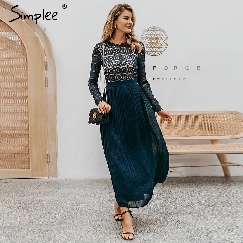 Simplee Elegant lace dress women Embroidery pleated o neck long plus size dresses female Autumn winter lady sexy party vestidos Simplee Elegant lace dress women Embroidery pleated o neck long plus size dresses female Autumn winter lady sexy party vestidos