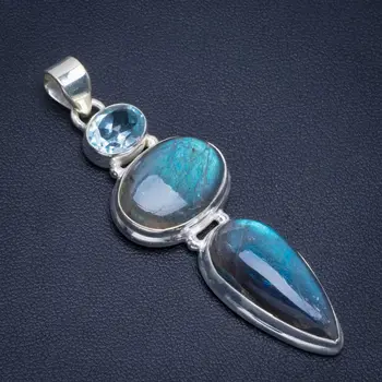 

Natural Blue Fire Labradorite and Blue Topaz Handmade Unique 925 Sterling Silver Pendant 2.25" B3387