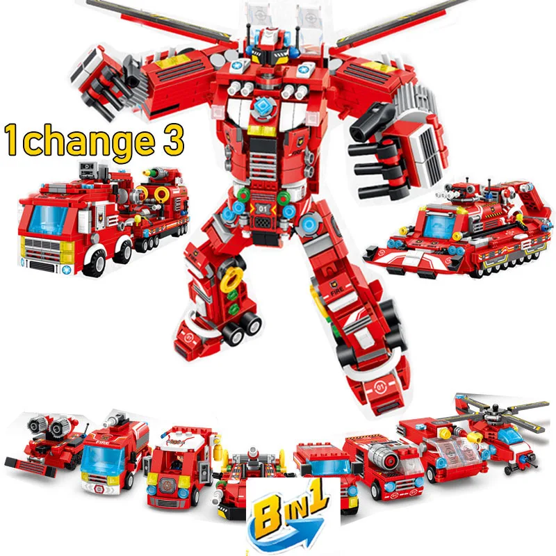 8 In 1 Stadt Feuer Rettungs Verformung Roboter Lkw Block Set Mini Feuer Kampf Boot Flugzeug Gebaude Spielzeug Fur Kinder Sperren Aliexpress