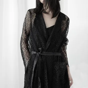 

Johnature New Fashion All Match Sexy Lace Long Trench Women 2020 Summer V-neck Bandage Solid Color Pockets Coats