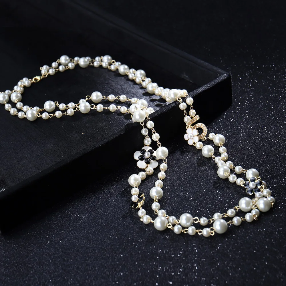 Длинное женское ожерелье с искусственным жемчугом № 5, двухслойная подвеска, длинное ожерелье CC, цепочка на свитер, вечерние ожерелья с камелией