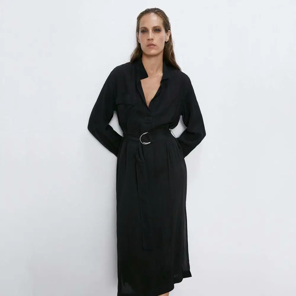 Женское платье с длинным рукавом Za черное V образным вырезом и поясом уличная