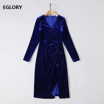 

High Quality New 2020 Spring Celebrity Party Women's Dress V-Neck String Waist Long Sleeve Dark Blue Coffee Soft Velour Dress