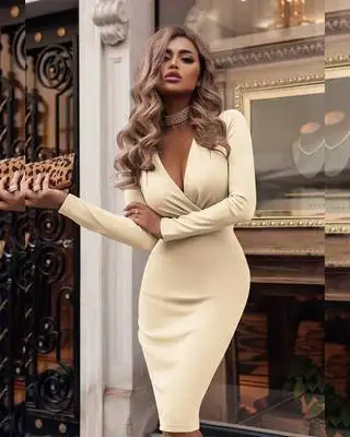 

2019 Spring New Products Hot Selling Deep-V Miumiu Bag Hip WOMEN'S Dress Autumn And Winter Long Sleeve Base Long Skirts