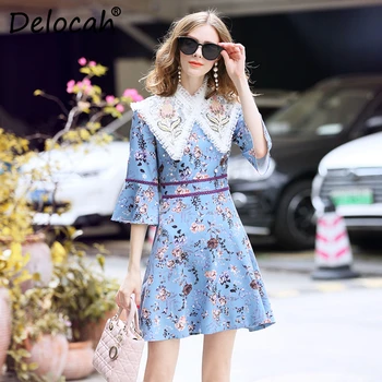 

Delocah Runway Fashion Autumn Dress Women's Detachable Collar Beading Printed Collect Waist Vintage A-Line Mini Short Dresses