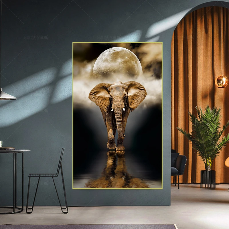 Africa Elephant Animal Landscape Moon Oil Painting on Canvas Art Poster HD Print Abstract Wall Picture for Living Room Decor | Дом и сад
