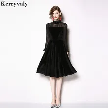 Новое Осеннее золотистое бархатное шифоновое женское платье с рукавами на нижней части Zomerjurk Dames черное платье миди для офиса с длинным рукавом K9163