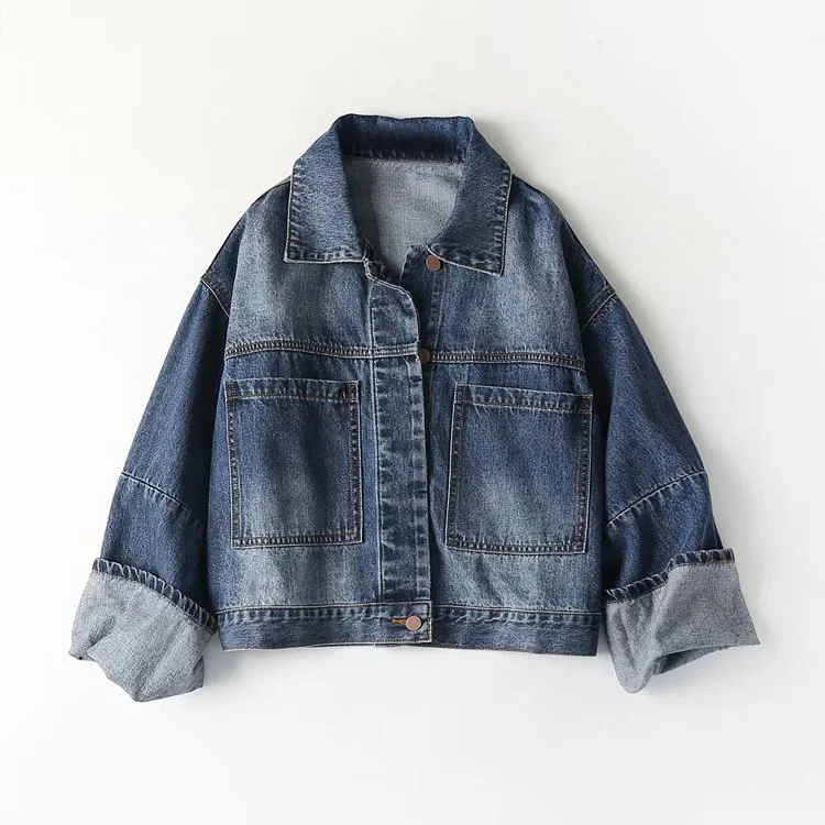 

2019 Spring New Style Fold-down Collar Washing Large Pocket Wide-Sleeve Jeans Coat Women's G-5692
