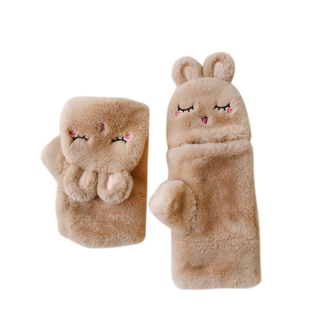 Зимние перчатки без пальцев модные женские зимние милые теплые флисовые утепленные плюшевые перчатки с кроликом зимние перчатки