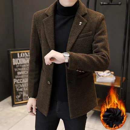 brown thin lining Новинка, Стильное мужское шерстяное пальто, модное однобортное шерстяное пальто с зубчатым воротником, Мужская тонкая верхняя одежда - Цвет: brown thin lining