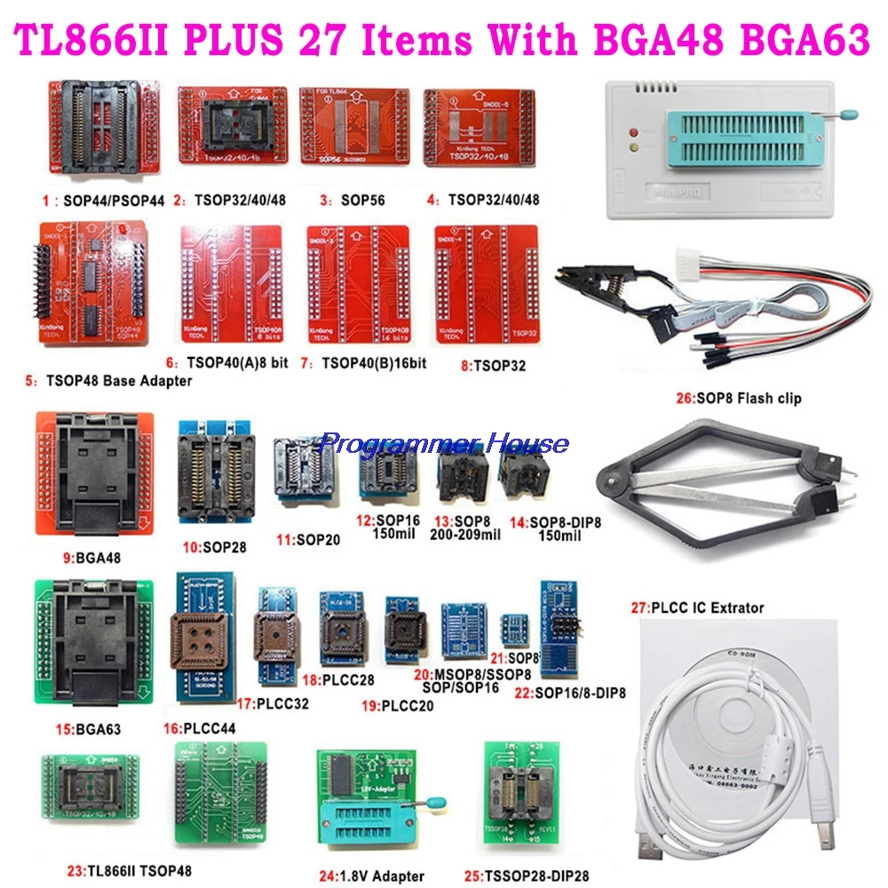 V9.16 TL866II Plus Универсальный Minipro Bios программатор + 28 элементов с BGA48 BGA63 адаптеры TL866 PIC