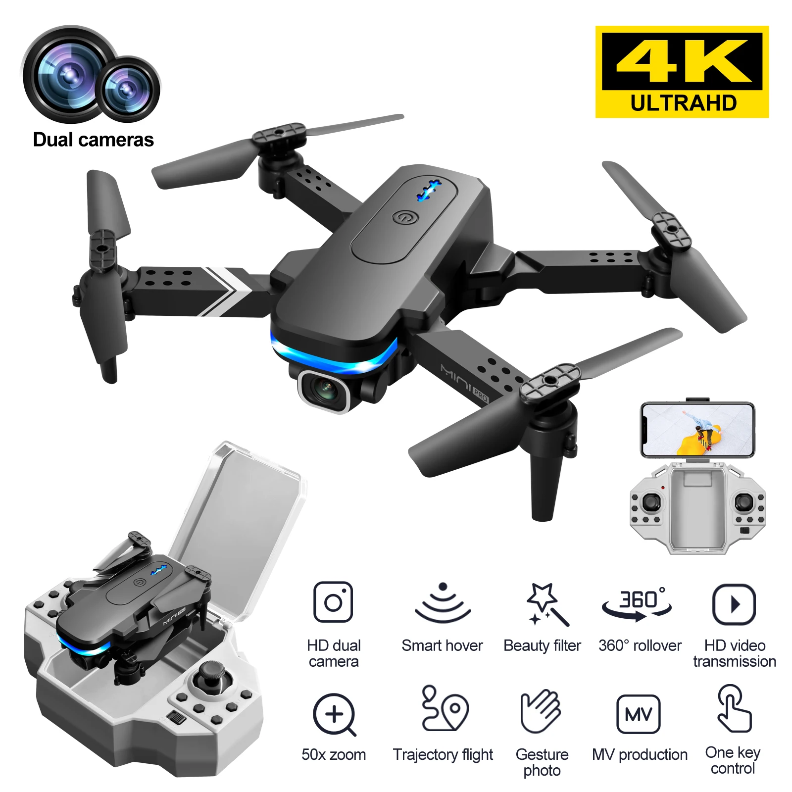XKJ 2021 Новый мини-Дрон KY910 с двойной камерой 4K HD Широкий угол Wifi FPV Профессиональный