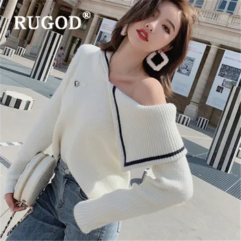 

RUGOD 2019 Navy Collar Off-shoulder Sexy White Pullover Women Knitted Sweater Loose Casual Winter Clothes women