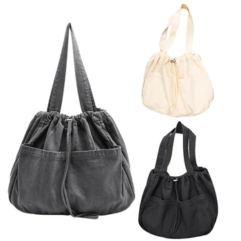 

New Women's Handbag Washable Canvas Bag Simple Shoulder Bag Messenger Bag Drawstring Shopping Bag