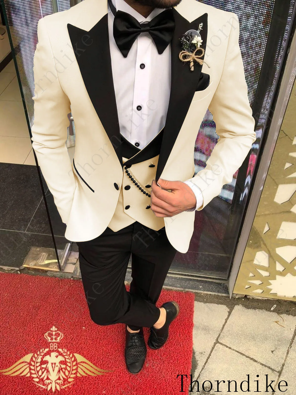 2020 New Design Cream-colored Wedding Suit for Men Tide Costume Homme With Black Peaked Lapel Terno Masculino Jacket Vest Pants | Мужская