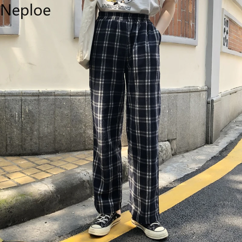 Neploe High Waist Hip Plaid Trouser Elastic Waist Loose Straight Pantalones Autumn Spring Streetwear Casual Pants New 48221
