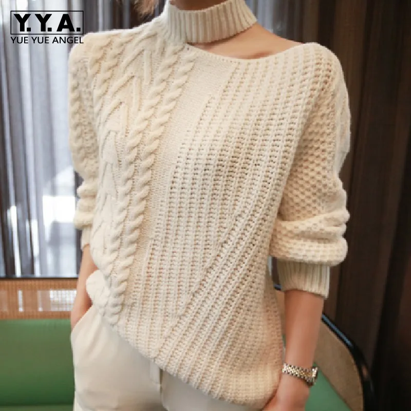 

Women White Hollow Out Pullover Sweater Tops Turtleneck Knitted Weave Sweater Korean Style Casual Long Sleeve Jumper Pull Femme