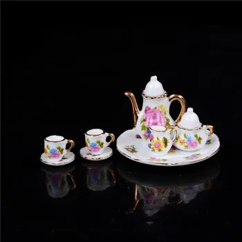 

8Pcs Porcelain Dish Pot Tray Cups Teapot Dollhouse Miniature Mini Cute Coffee Tea Set 1:12 Kitchen Strawberry Printing Wholesale