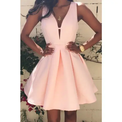 

2019 Fashion Summer Women Sleeveless Dress V-neck Casual Party Evening Mini Dresses pink