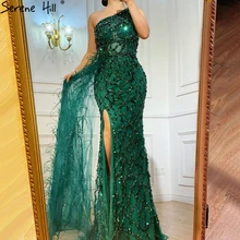 Serene Hill Green Luxury One Shouder Split Evening Dresse Gowns 2021 Elegant Mermaid Beading Feathers For Women Party LA70829
